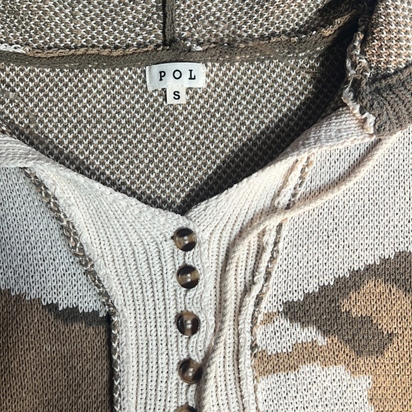 POL Cropped Mixed Knit Hoodie Oversized Cozy Soft ColorBlock Sweater Olive/ivory - Picture 3 of 12